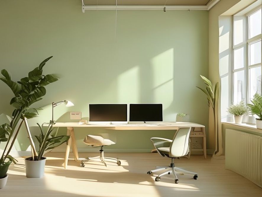 En medarbejder der sidder komfortabelt ved et ergonomisk indrettet skrivebord med rigtig stol, monitor og belysning